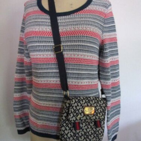 L Pullover Knit Sweater Crossbody Bag Striped Red White Blue Silv - Picture 1 of 9